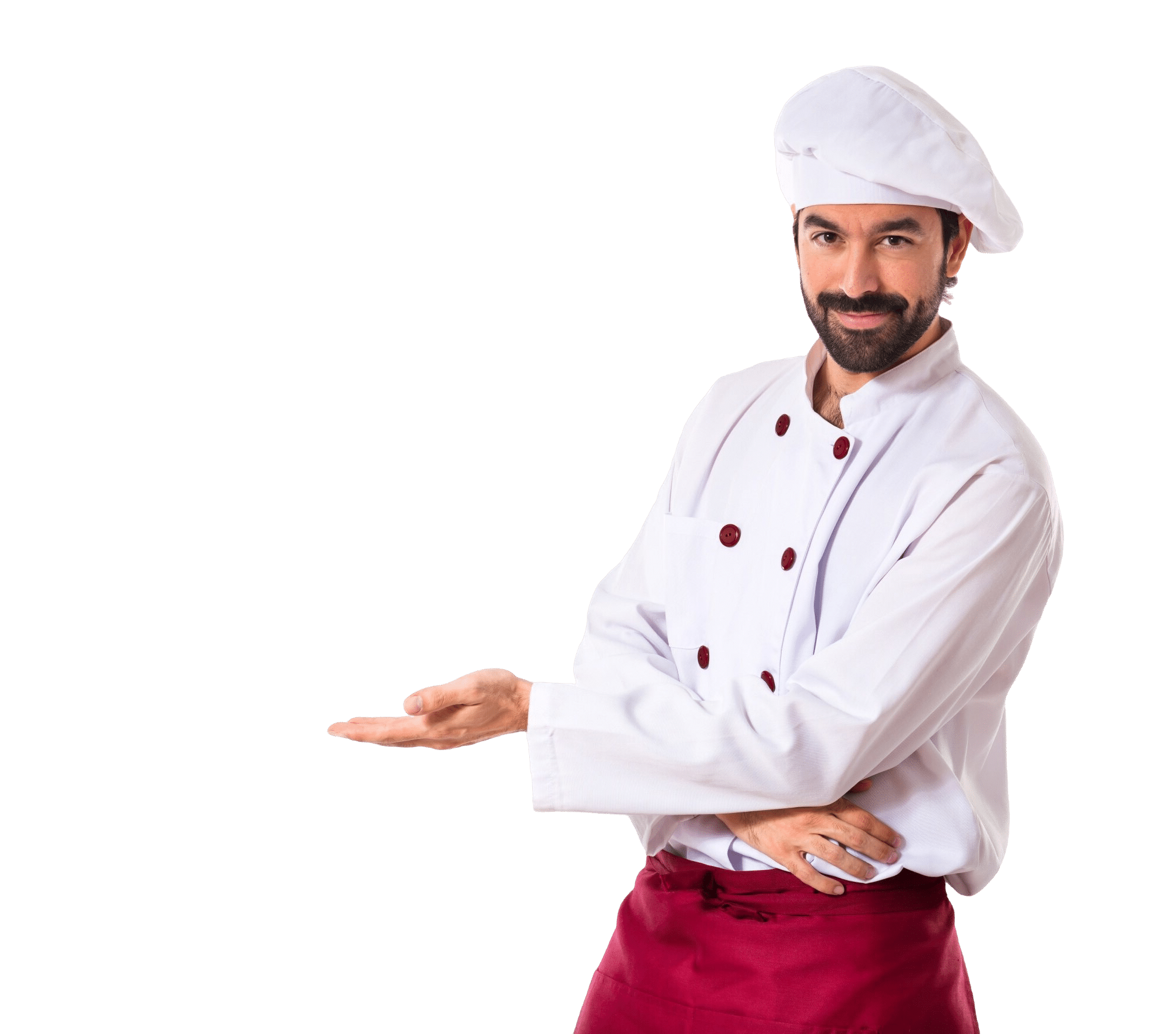 Chef presenting something white background e1727515945764