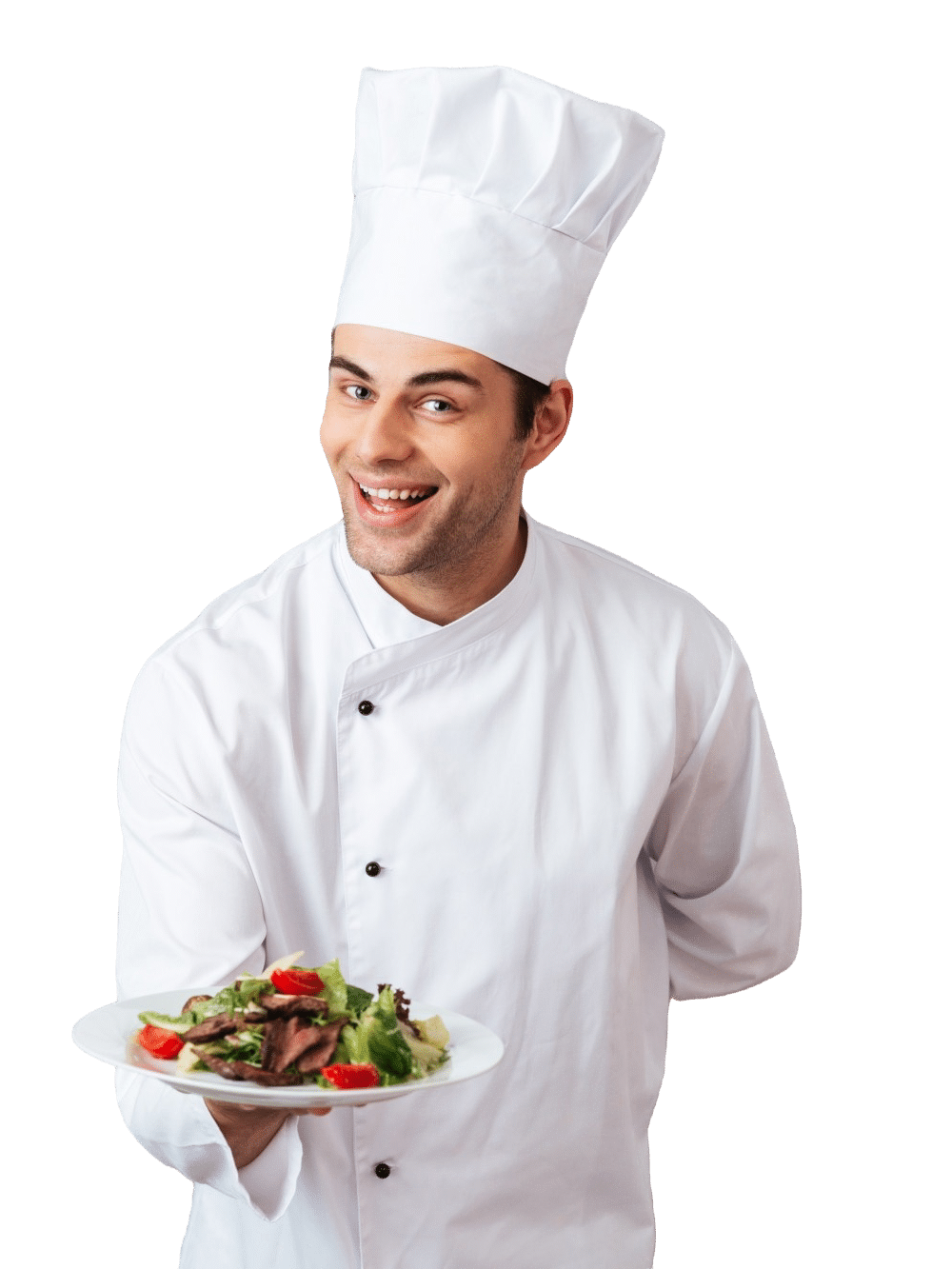 Happy young cook uniform holding salad 1 e1726500389275