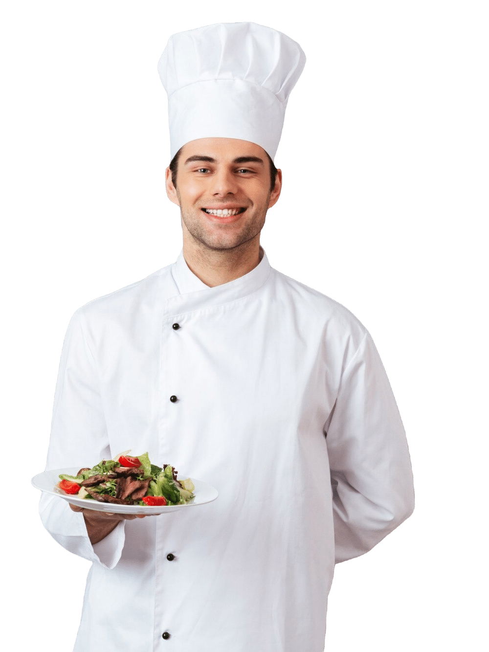 Happy young cook uniform holding salad e1726500342159